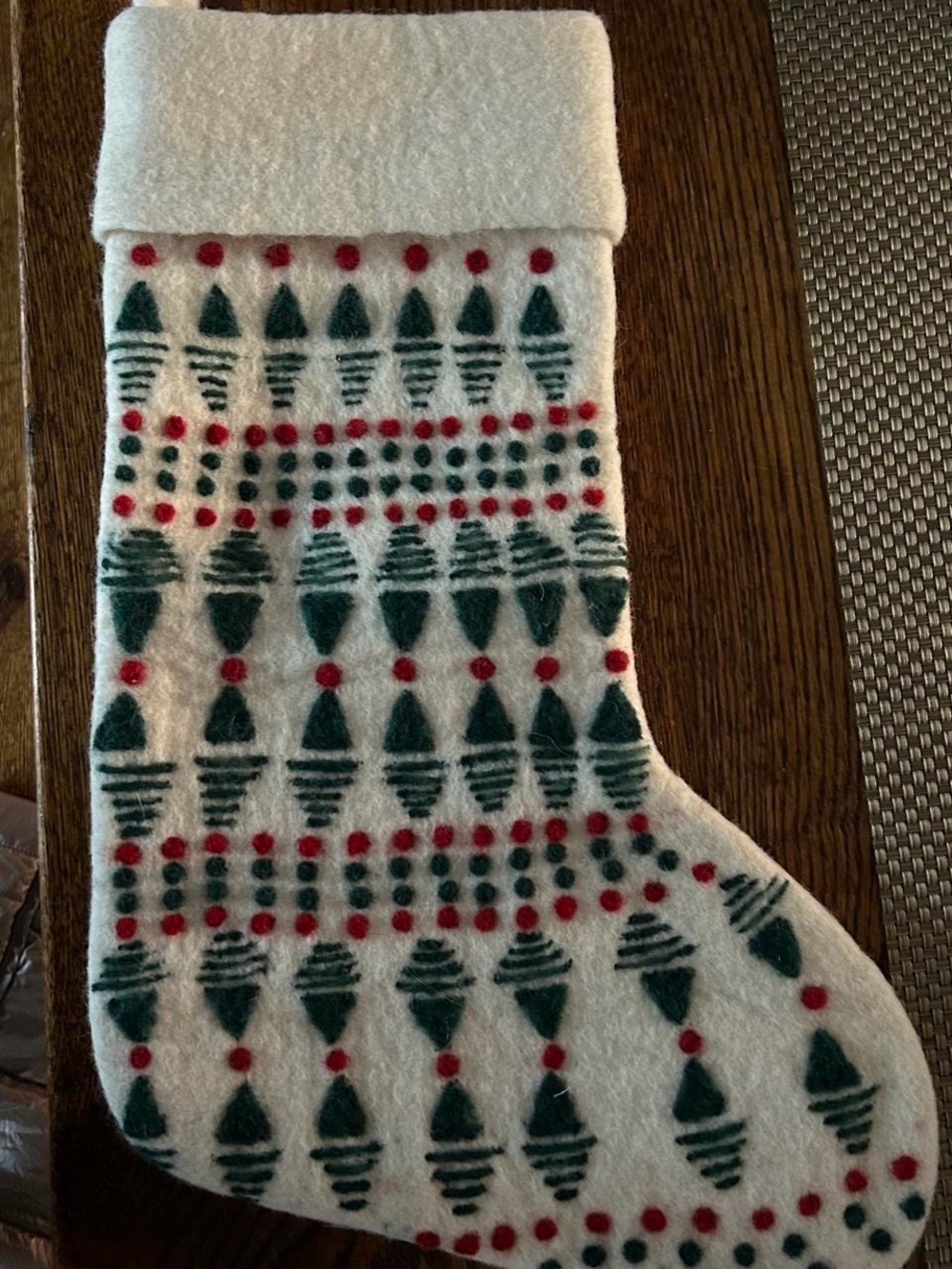 Pottery Barn White Felt Holiday Stocking with Green and Red Motifs